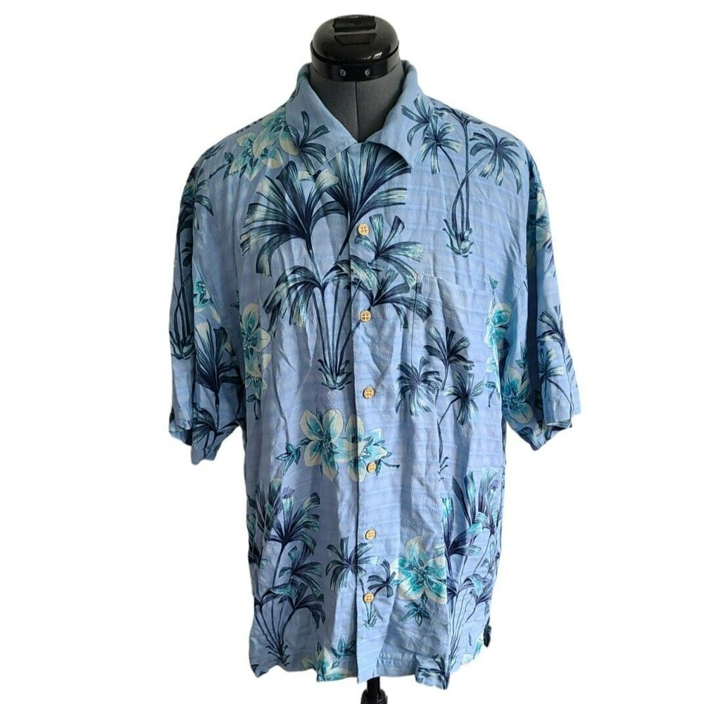 Tommy Bahama‎ Mens Medium Blue Silk Palm Tree Floral Tropical Camp Shirt